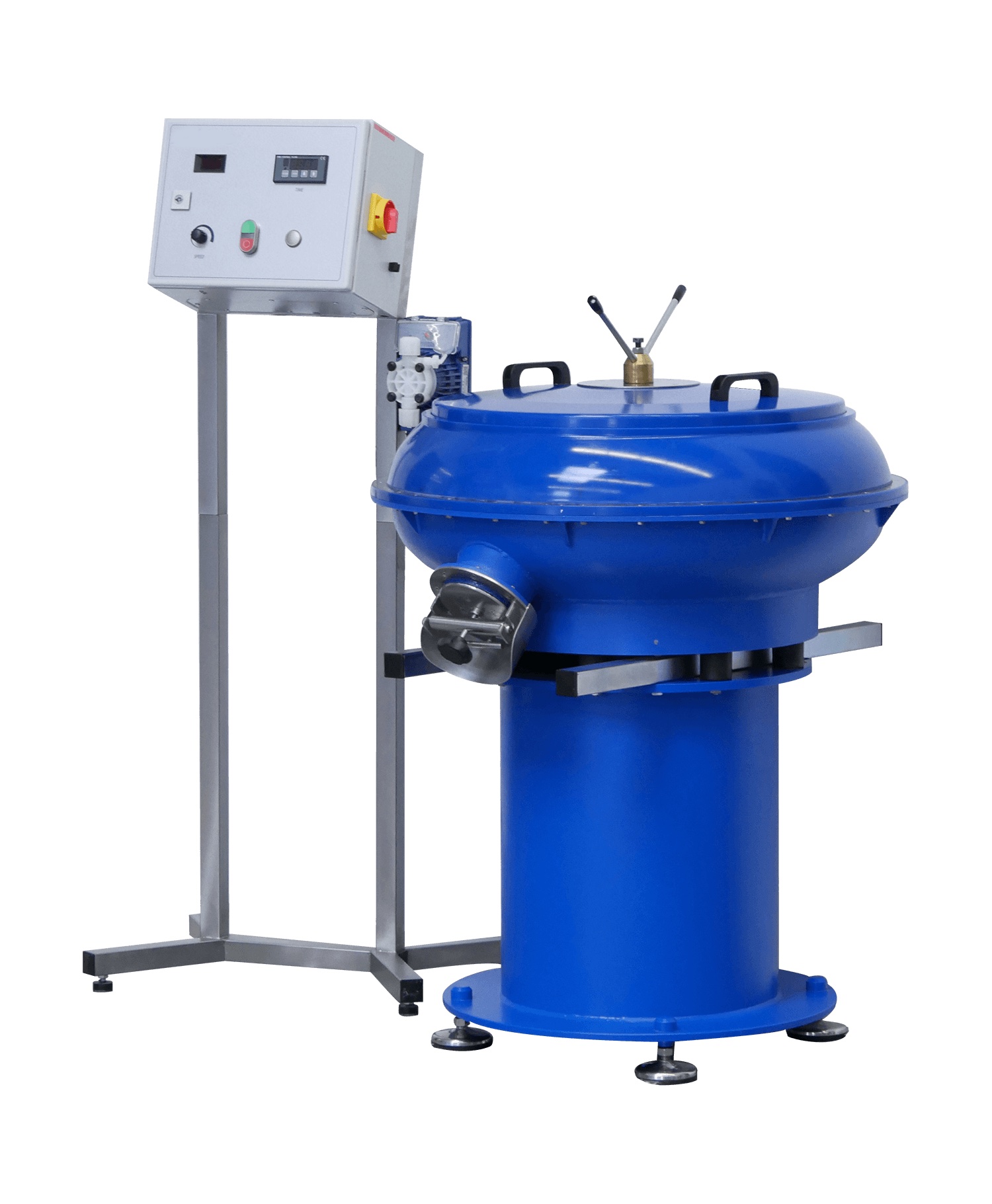 Blaue Rundtrogvibrationsanlage von Rifatec für vielseitige Gleitschleifanwendungen